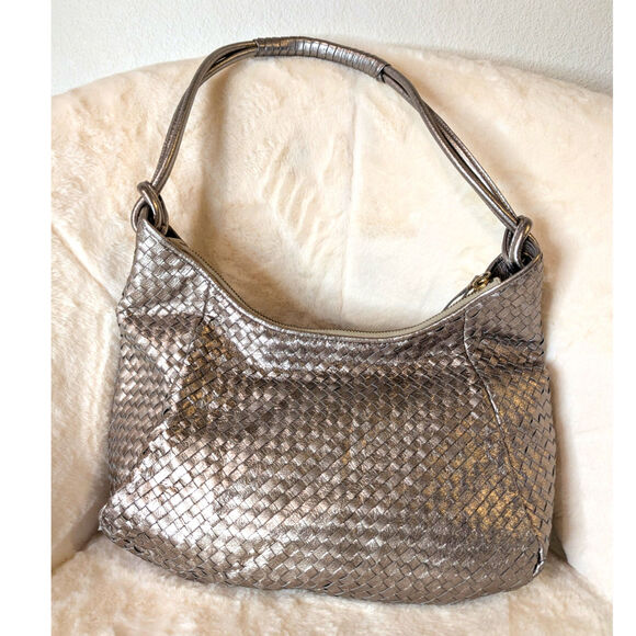 Elliott Lucca Metallic Woven Leather Hobo Shoulder Bag Champagne Bronze - Picture 2 of 13